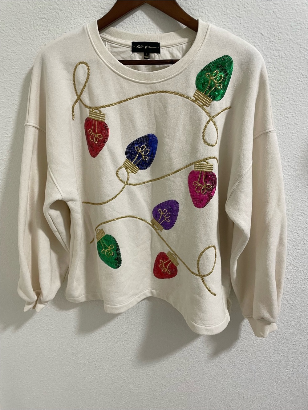 State of Mine Holiday Embroidered Light Bulb Sweatshirt - White